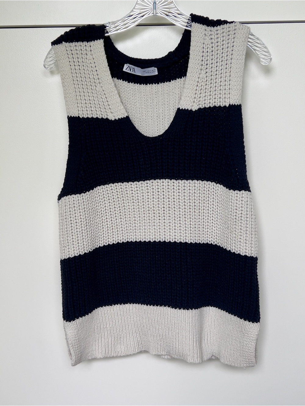 Zara Navy and Cream Striped V-Neck Knit Vest